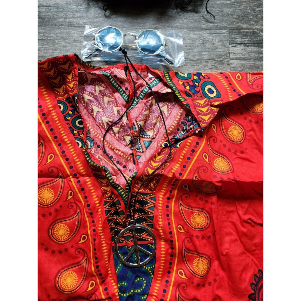 Spirit Halloween Adult L/XL Hippie Costume Shirt, Wig, Glasses, Peace Necklace - Picture 9 of 13